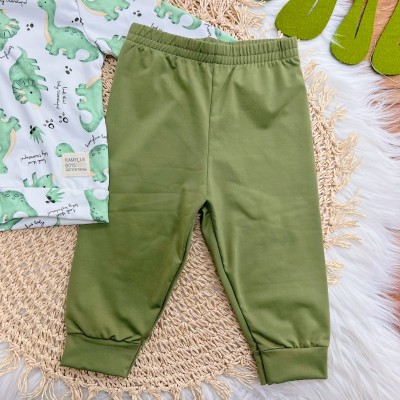 Conj. Jaqueta Xadrez Dinossauros e Calça em Malha Térmica - Off White e Verde